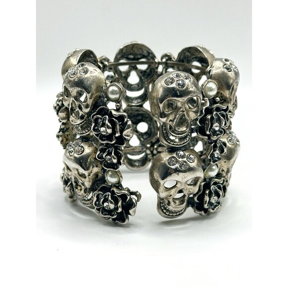 Silver-tone Gothic Skulls And Roses Wide Cuff Bracelet Rhinestones Faux Pearls - Picture 3 of 4